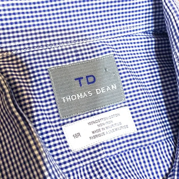 Thomas Dean Mens Blue Gingham Check Dress Shirt 16R Long Sleeve‎ Button Down - Picture 5 of 11